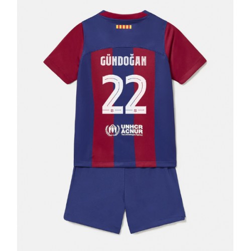 Otroški Nogometni dresi Barcelona Ilkay Gundogan #22 Domači 2023-24 Kratek Rokav (+ Kratke hlače)